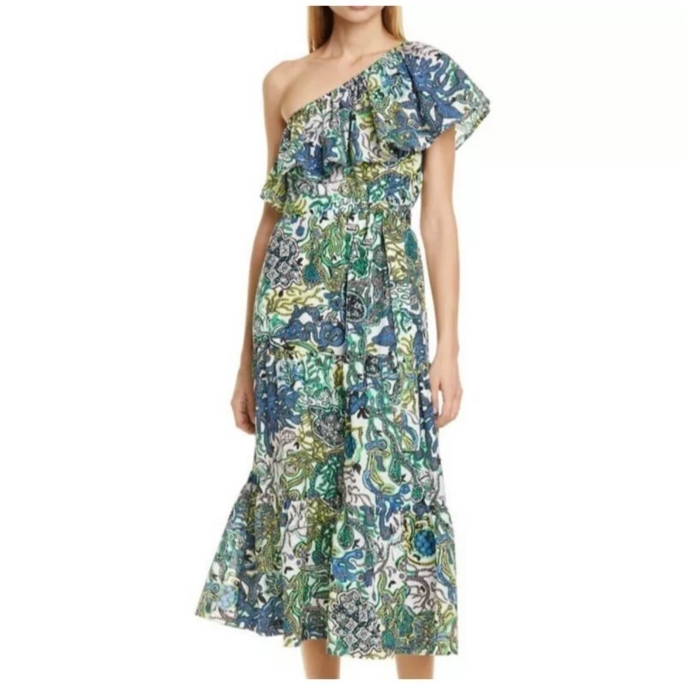 NEW A.L.C. Janelle One-Shoulder Tie-Waist Printed Midi Dress